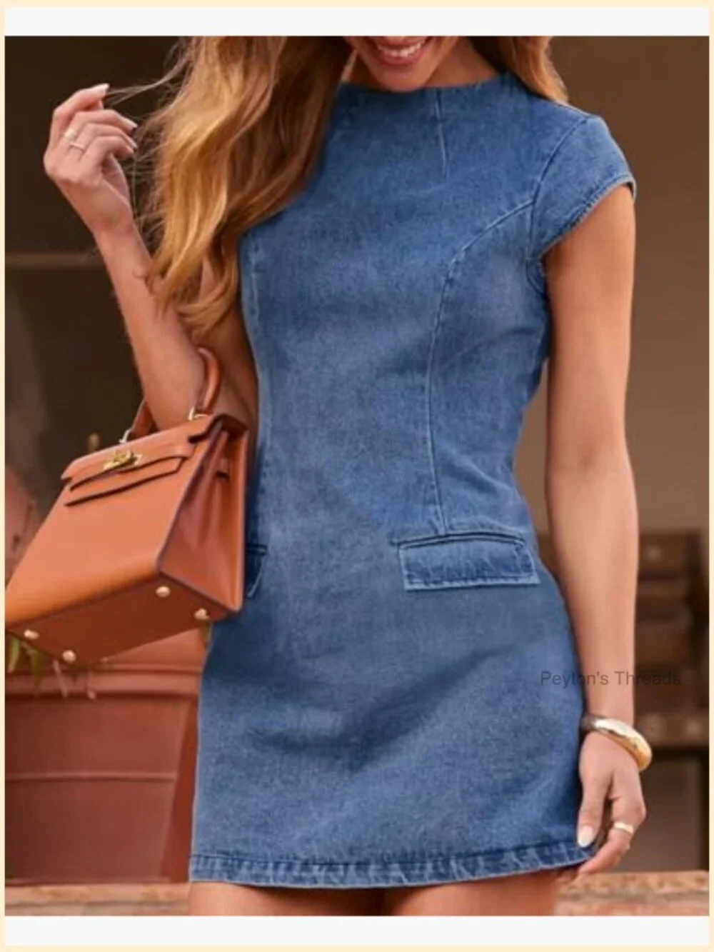 Cap Sleeve Denim Mini Dress with Pockets Slim Fit - Picture 5 of 6